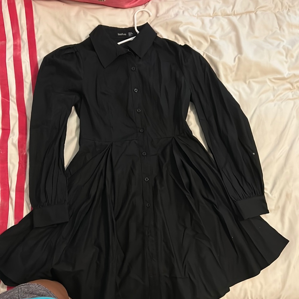 NWT Boohoo Black Balloon Sleeve Pleat Detail Shirt Dress